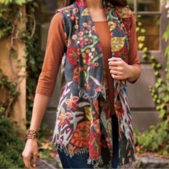 Soft Surroundings | Floral Embroidered Frayed Fringe Vest Cardigan Sweater S/M - Picture 14 of 14